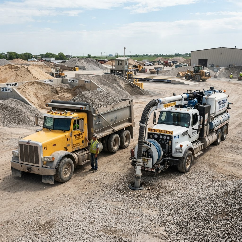 Dump truck and vacuum truck at a materials yard with gravel piles — trucking and material services in New England